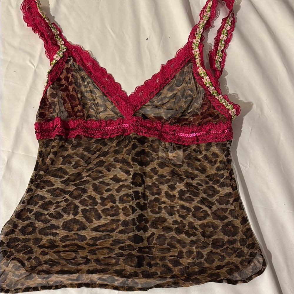 Leopard Print Sheer Camisole with Red Lace